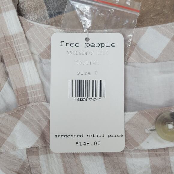 NWT Free People Seersucker Plaid Neutral Gingham Wide Leg Jumpsuit‎ Womens 8 - Picture 4 of 16